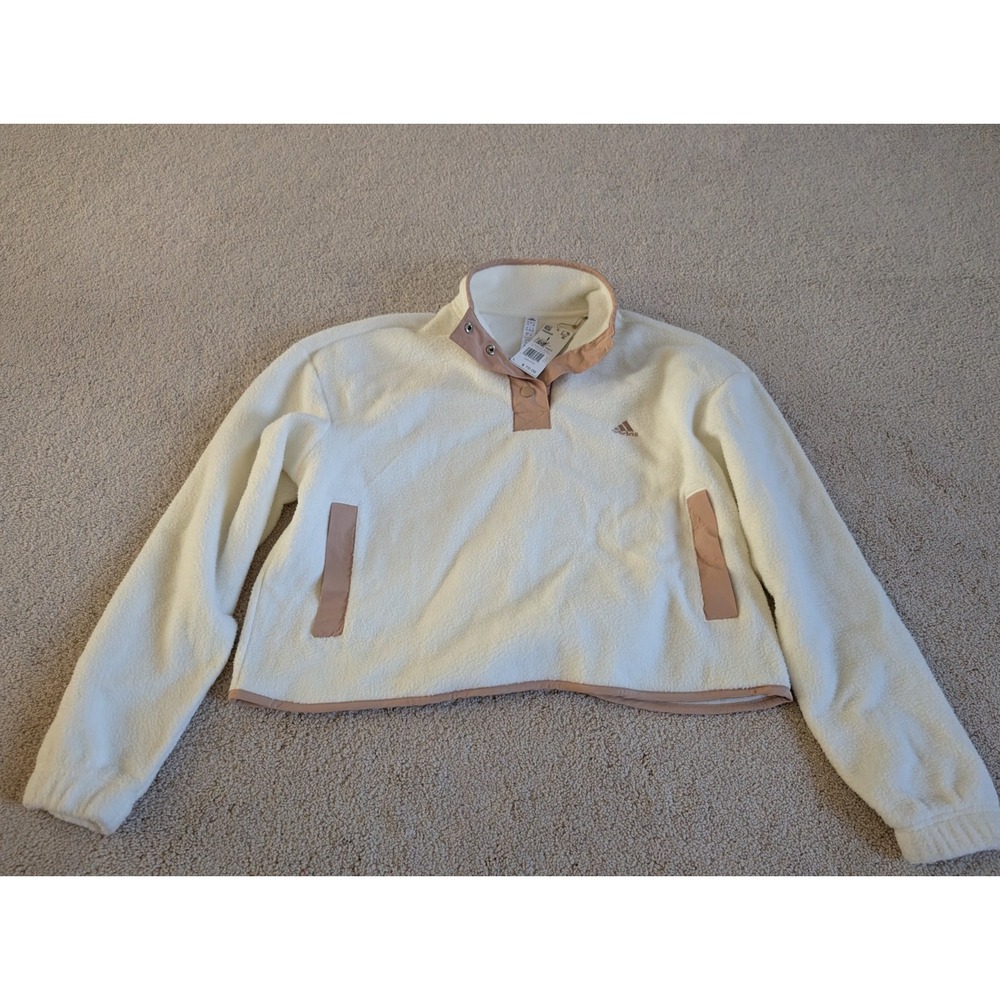 Adidas Women White Fleece Snap Button Pullover Jacket Large NWT IN9946